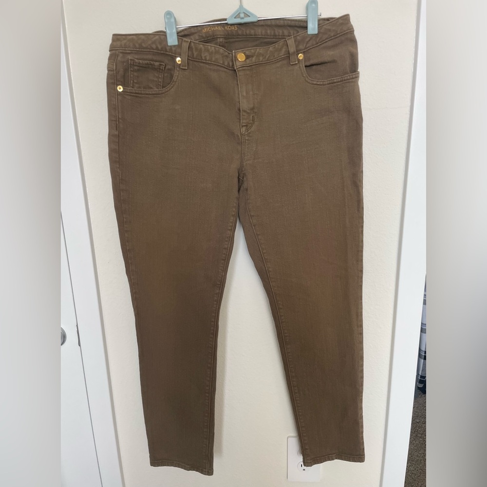 Michael Kors straight leg olive jeans size 14 with gold hardware trim